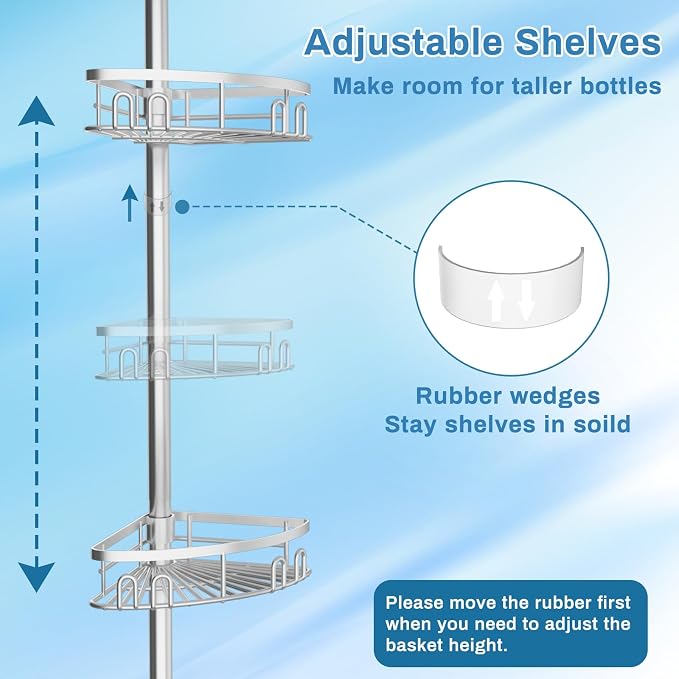 Rustproof Shower Corner Caddy Shelf for Bathroom Tension Pole Organizer with 4 Baskets for Bathtub Shampoo Storage from 23.6 to 114.5 Inch with Towel Bar (Silver) - Image 6