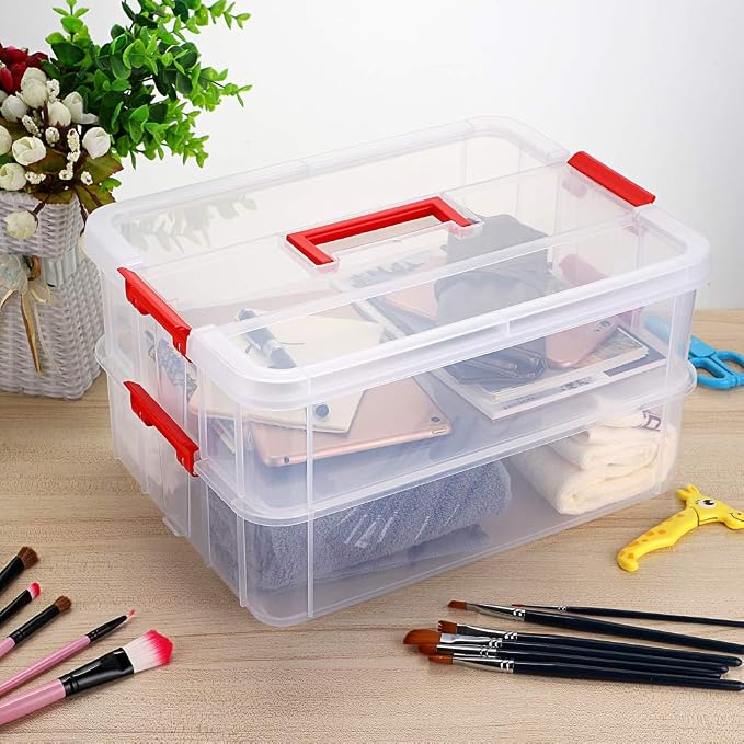 JUXYES 2-Tiers Stack Carry Storage Box With Handle, Transparent Stackable Storage Bin With Handle Lid Latching Storage Container for School & Office Supplies (Red) - Image 6