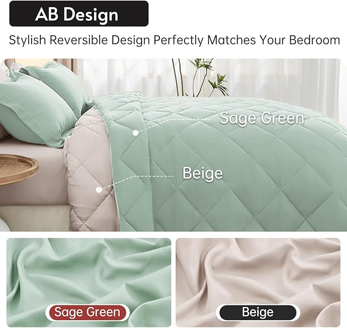 MUXHOMO 7 Pieces Full Comforter Set, Reversible Bed in a Bag Full Size, All Season Bedding Set with Comforter, Flat Sheet, Fitted Sheet, Pillowcases & Shams, Sage Green & Beige