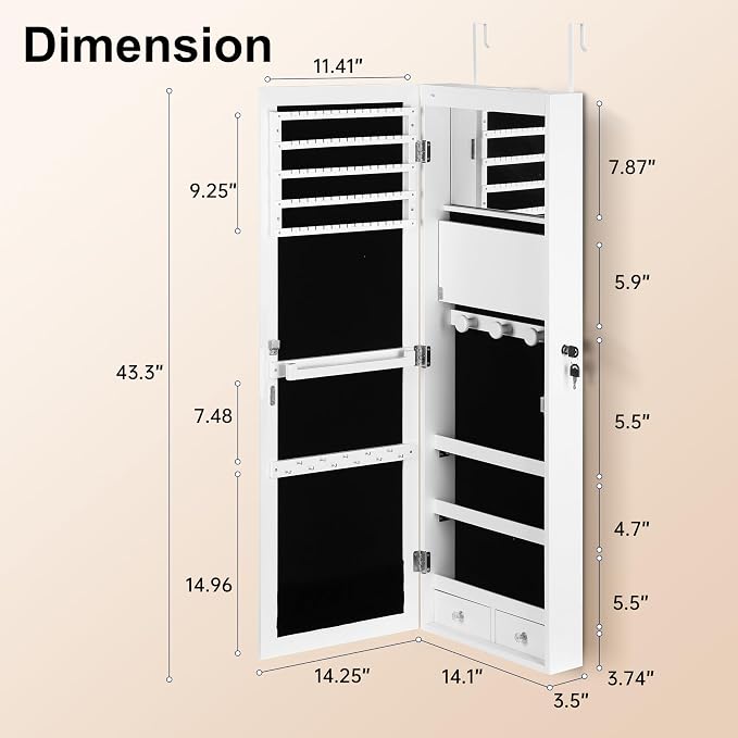 Mirror Jewelry Cabinet, Wall/Door Mounted Jewelry Armoire with Full-Length Mirror, Hanging Jewelry Organizer with LED Interior Lights, White - Image 5