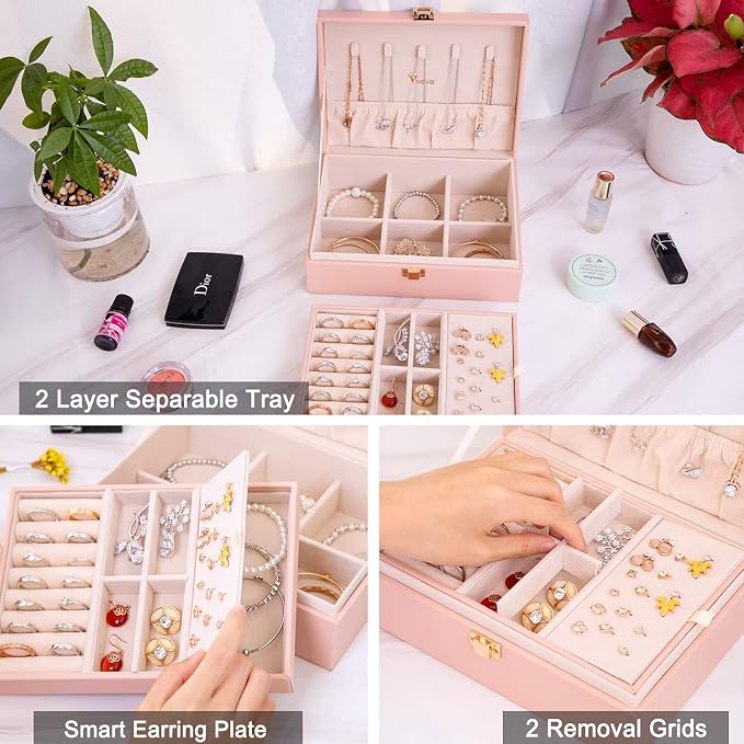 Voova Jewelry Box Organizer for Women Girls, 2 Layer Large Men Jewelry Storage Case, PU Leather Display Jewellery Holder with Removable Tray for Necklace Earrings Rings Bracelets, Vintage Gift, Pink - Image 3