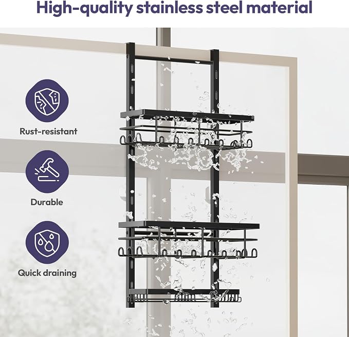 SWTYMIKI Over The Door Shower Caddy - 3 Tier Rustproof Hanging Shower Organizer with Adjustable Shelves, 28 Hooks & Soap Holder, Hanging Shower Rack Storage for Bathroom Accessories, Black - Image 4