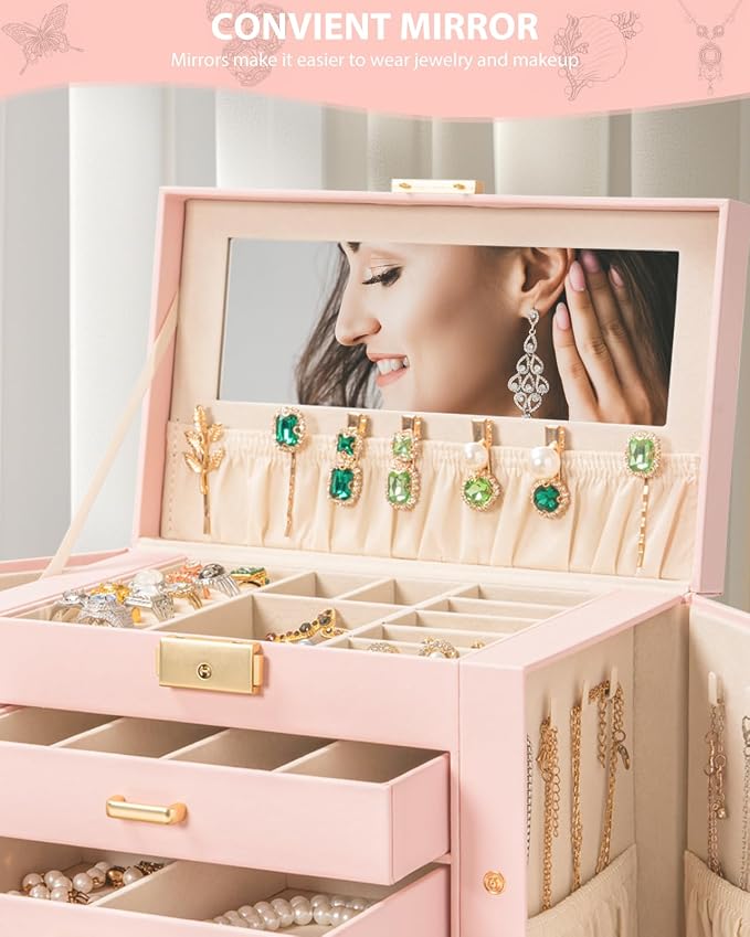 AKOZLIN Large 4-Tier Jewelry Box Leather Jewelry Storage Organizer with 3 Drawers Lockable for Women Girls Ring Necklace Earring Bracelet Watches Holder with Mirror Pink - Image 7