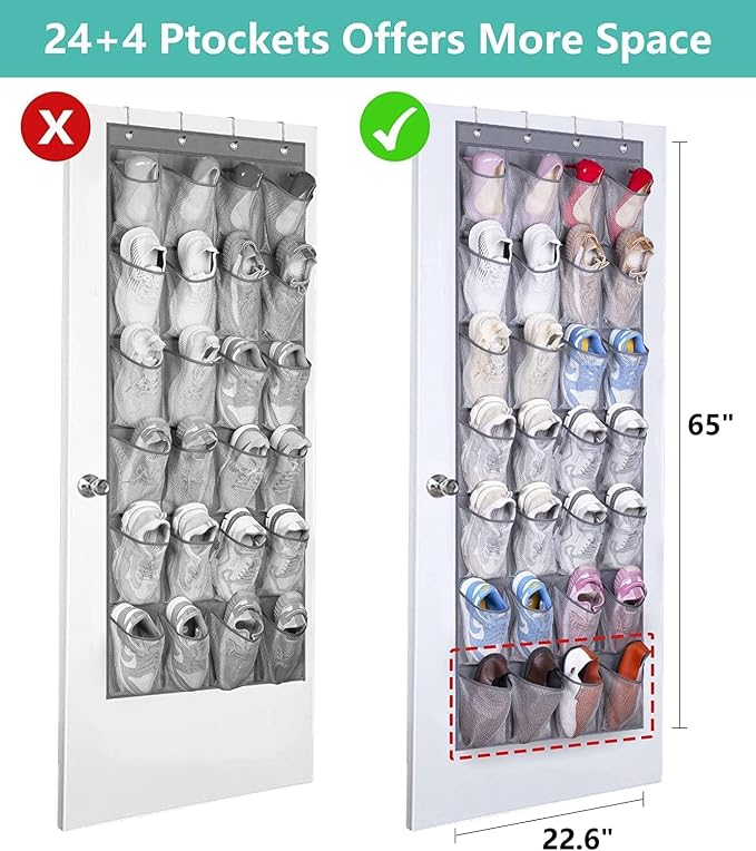 MISSLO 28 Large Pockets Hanging Shoe Rack Door Shoe Organizer Hanging Shoe Storage Hanger for Closet Mesh Holder, Grey - Image 3