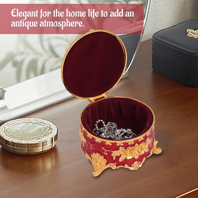 Vintage Jewelry Box, Gold Round Treasure Ring Box, Metal Trinket Organizer Keepsake Box Gift for Girl Women, Red - Image 7