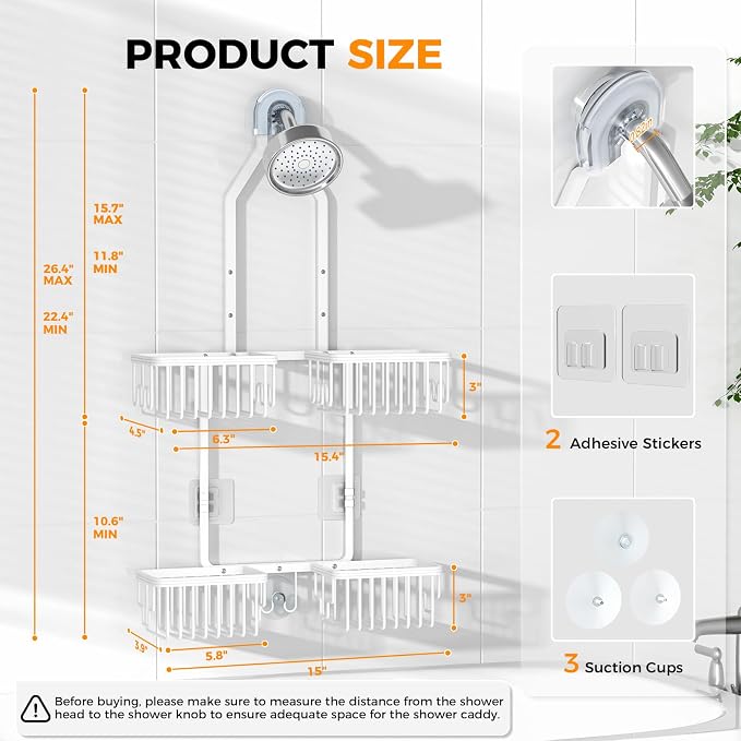 REINHARDT Aluminum Shower Caddy Hanging Adjustable Shower Caddy, Rustproof Hanging Shower Organizer with Hooks Soap Holders, Over Shower Head Caddy for Handheld Showerhead, White - Image 7