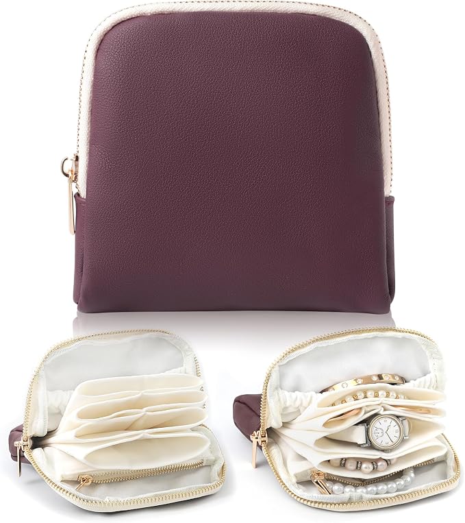 Genuine Leather Travel Jewelry Organizer Case Pouch Bags with Zipper, Small Mini Portable Jewelry Storage Bag for Ring Earrings Necklace Bracelet Travel Essentials Gift for Women（Burgundy） by NGVRC