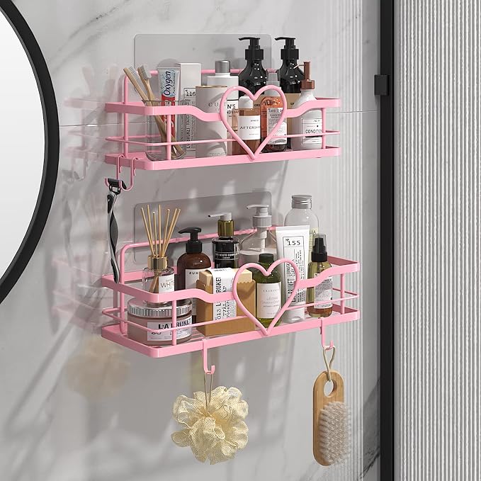 Pink Shower Caddy with 4 Removable Hooks, 2 Pack Sweet Heart Shower Shelves,No Drilling Adhesive Organizer Shelf for Bathroom Shower,Kitchen,Bedroom - Image 2