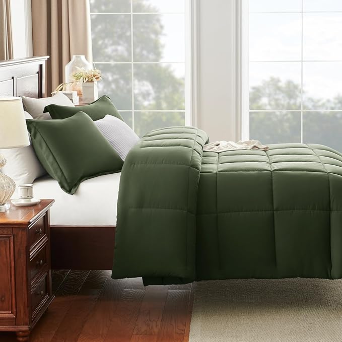 CozyLux Full Size Comforter Sets - Olive Green Comforter Full Size, 3 Pieces Box Stitched Bed Set for All Seasons, Soft Lightweight Bedding Sets with 1 Down Alternative Comforter and 2 Pillow Shams
