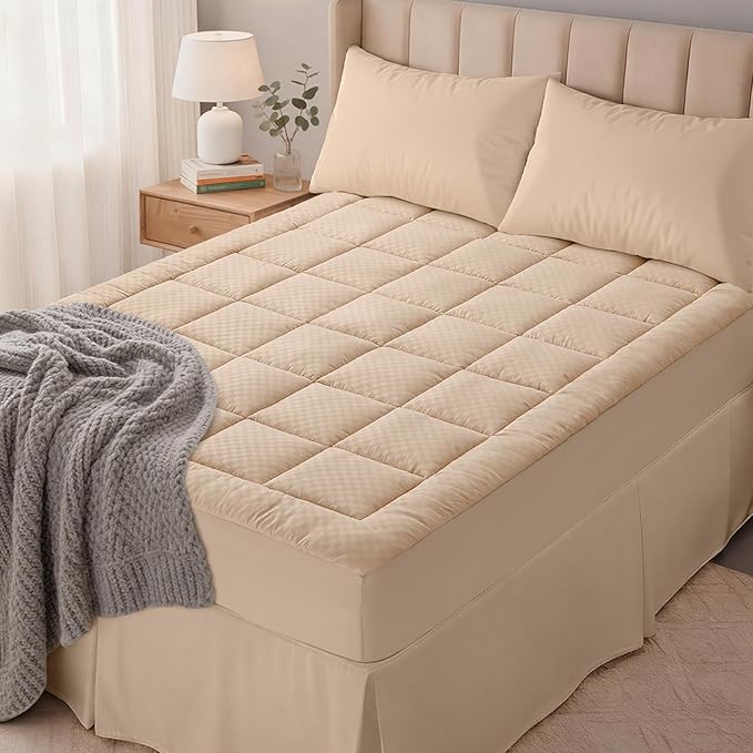 OLANLY Twin XL Quilted Fitted Mattress Pad, Elastic Fitted Mattress Topper, Cooling Soft Mattress Cover Stretches up to 21 Inches Deep, Machine Washable Mattress Protector (39x80 inch, Beige)