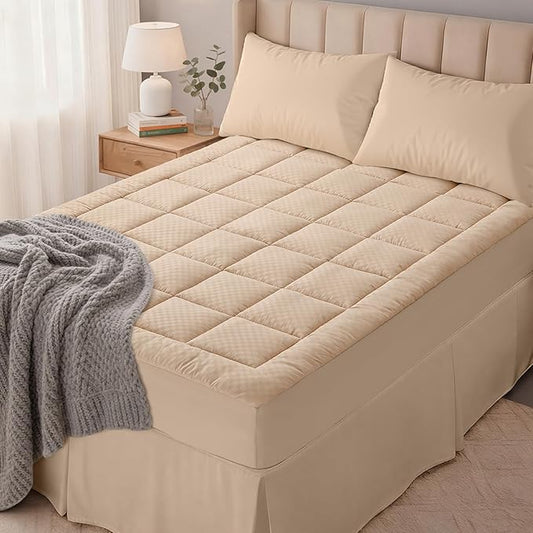 OLANLY King Quilted Fitted Mattress Pad, Elastic Fitted Mattress Topper, Cooling Soft Mattress Cover Stretches up to 21 Inches Deep, Machine Washable Mattress Protector (78x80 inch, Beige)