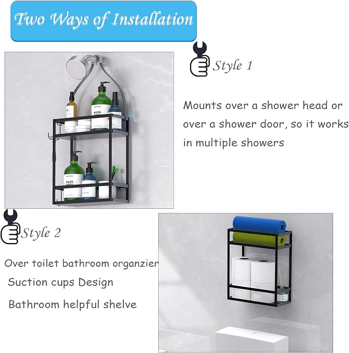 Meangood Shower Caddy, 10.4" x 4.5" x 22.04" Hanging Shower Caddy Organizer Over Shower Head Big Capacity for Shampoo, Conditioner with Hooks for Razor/Sponge, Matte Black - Image 7