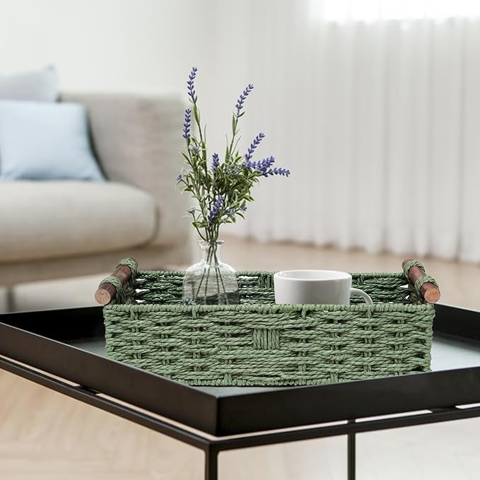 Round Paper Rope Storage Basket Wicker Baskets for Organizing with Handle Decorative Storage Bins for Countertop Toilet Paper Basket for Toilet Tank Top Small Baskets , Green - Image 2