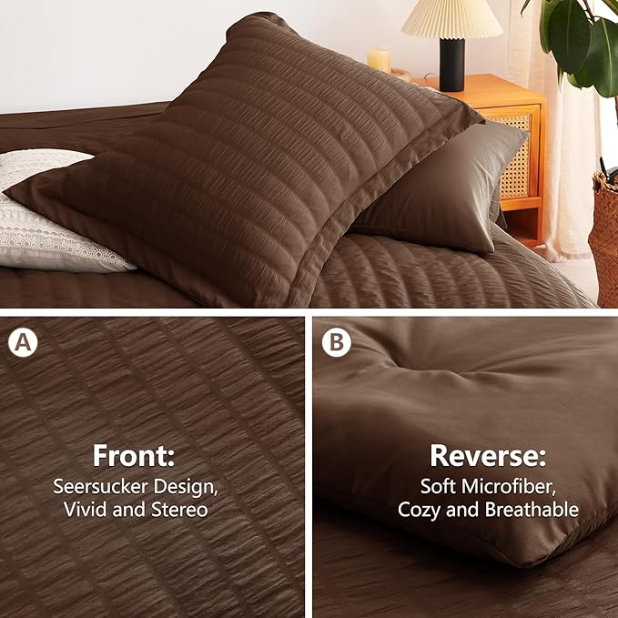CozyLux Queen Comforter Set Brown Seersucker 7 Pieces Bed in a Bag Queen Comforter Set with Sheets, Luxury Soft Bedding Sets with Down Alternative Comforter, Sheets, Pillowcases & Shams for All Season