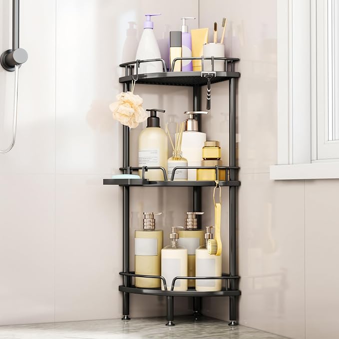 Consumest Corner Shower Caddy Stand - 3 Tier Shower Organizer with Soap Holder, Tall Floor Corner Shelves Standing with Adjustable Feet & 4 Hooks, Storage Rack for Bathroom Black by Consumest