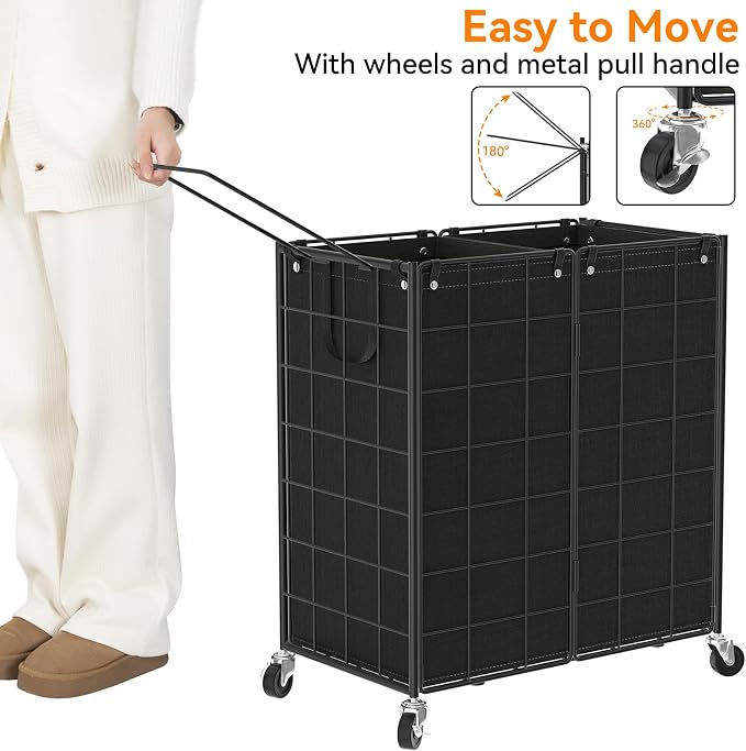 WOWLIVE Double Laundry Hamper with Wheels,Metal Wire Frame Rolling Laundry Basket with 2 Removable bags,120L Dirty Clothes Hamper Organizer Dorm Room Storage for Bedroom,Bathroom,Black - Image 5