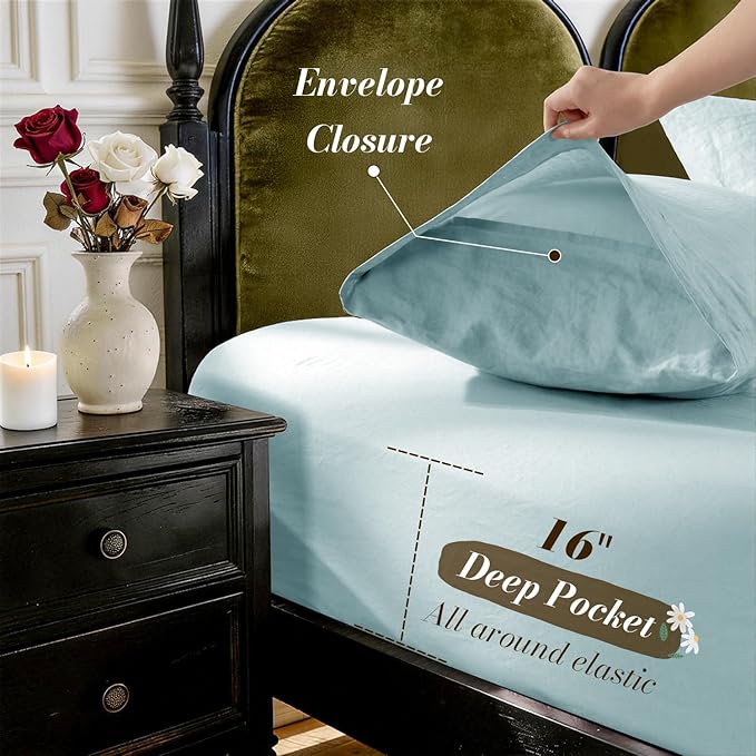 SONORO KATE 100% French Pure Linen Sheets, Breathable and Durable Linen King Size Sheets, Anti-Tear Linen Bed Sheets, Machine Washable, 16 Inch Deep Pocket - 4 Piece (Ocean, King)