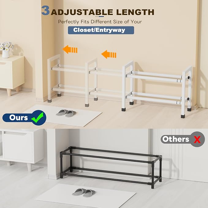 Mavivegue Expandable Shoe Rack, 2-Tier 19"-43.3" Adjustable Shoe Rack for Closet,Hall Entryway,Front Door,Garage, Sturdy Steel Space-Saving Rack, White​ - Image 4