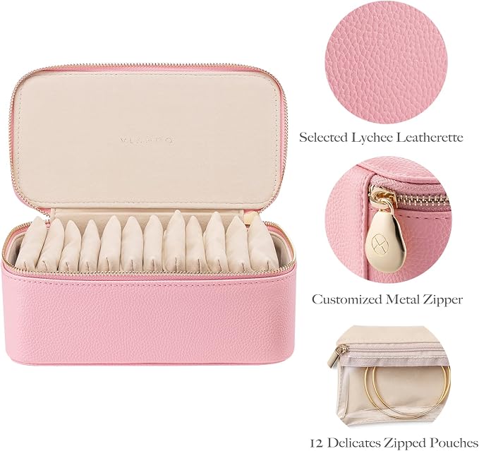 VLANDO Travel Jewelry Box Organizer – Portable PU Leather Jewelry Case with 6/8/12 Zippered Pouches, Compact Storage for Earrings Rings Necklaces Bracelets, Strawberry Pink - Image 6