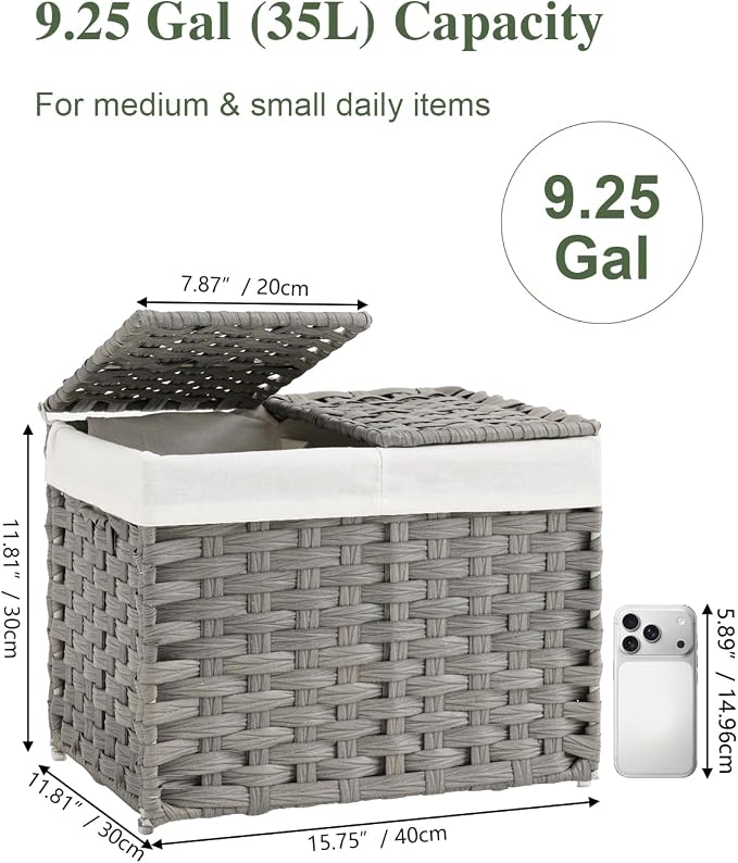SETVSON Storage Basket with Lid Woven Wicker Baskets with 2 Separate Lid, 9.2 Gallon (35 L) Wicker Storage Bins with Handles, Foldable and 2 Removable Liner Bags for Bedroom, Laundry Room Gray - Image 2
