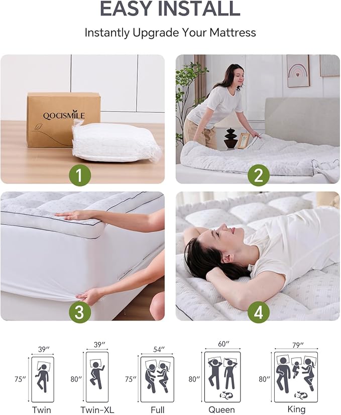 3 Inch Mattress Topper Queen,Pillow Top Mattress Topper with Bamboo Rayon Cover,Breathable Mesh Side Mattress Pad,21" Deep Pocket,Soft Support for Queen Size Memory Foam Mattress Bed Topper