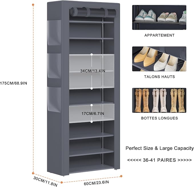OYREL Shoes Rack 10 Tier Tall Shoe Rack with Storage Pockets, Fabric Covered Shoe Racks,Metal Shoes Rack Organizer for Closets,Bedroom, Garage - Image 3