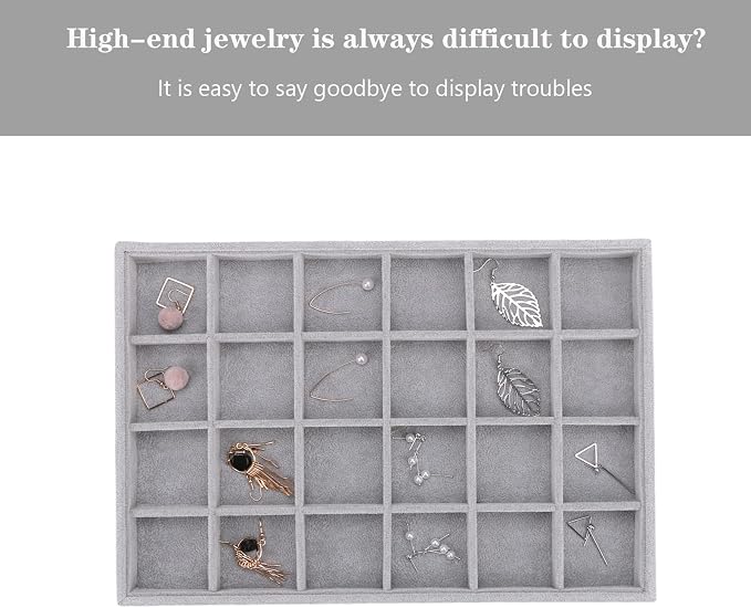 Large Velvet Jewelry Tray, Drawer Organizer for Jewelry in Dresser, Stackable Jewelry Drawer Organizer Inserts for Earring Necklace Bracelet Rings(Grey,24grid) - Image 4