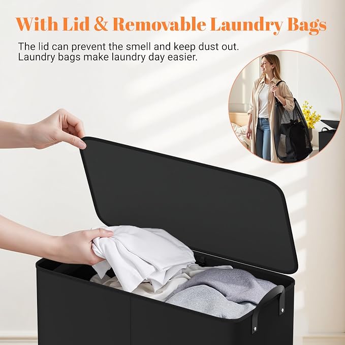 Large Double Laundry Hamper with Lid, Removable Bags & Reinforced Handles, 2 Section Tall Laundry Basket, Dirty Clothes Hampers for Laundry Room, Bedroom, Bathroom, Dorm, 155L, Black - Image 6