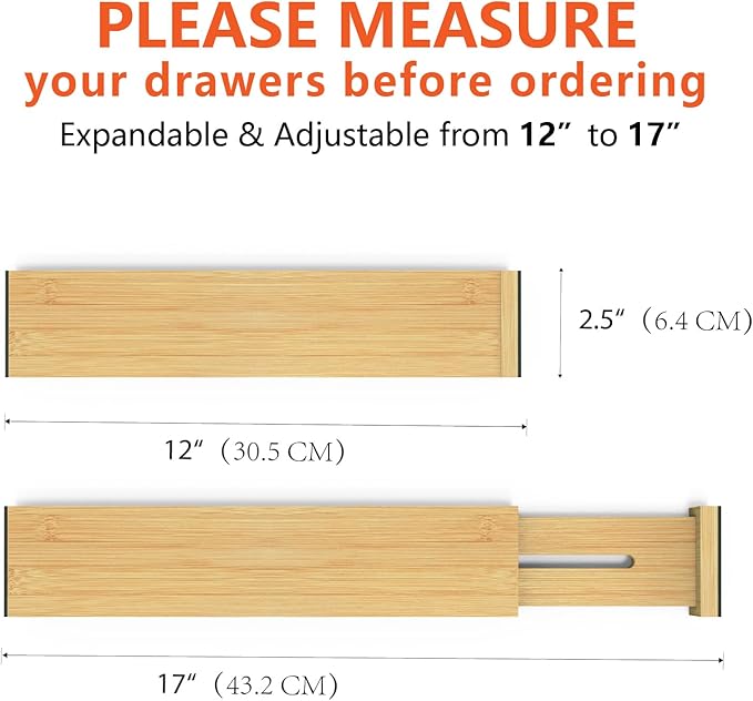 4 Pack Bamboo Drawer Dividers 2.6" High, Adjustable Length from 12 Inch to 17 Inch, Expandable Kitchen Drawer Organizer Separators for Clothes, Kitchen, Bedroom, Dresser, Office (Beige) - Image 3