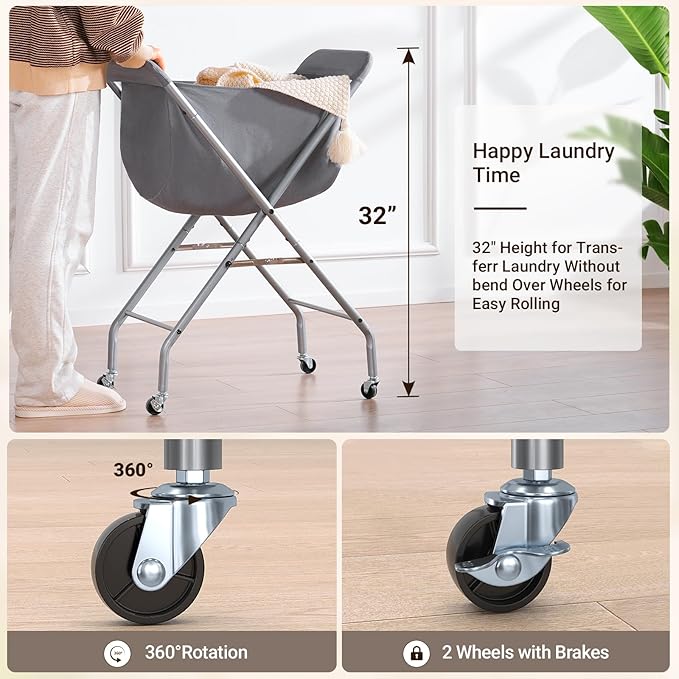 ELYKEN Laundry Cart with Wheels, 32”H Easy Rolling Laundry Hamper with Removable Liner Bag, Sturdy Metal Frame Clothes Basket with 4 Casters and 2 Brakes - Image 2