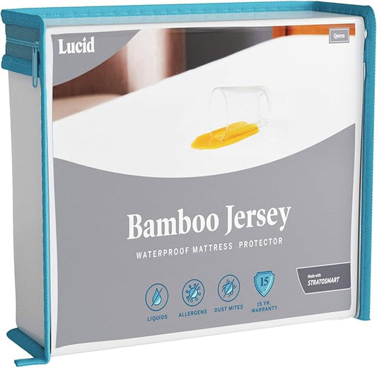LUCID Premium Rayon from Bamboo Jersey Mattress Protector | Twin Size Waterproof Mattress Protector | Ultra Soft, Fitted Sheet Style, White
