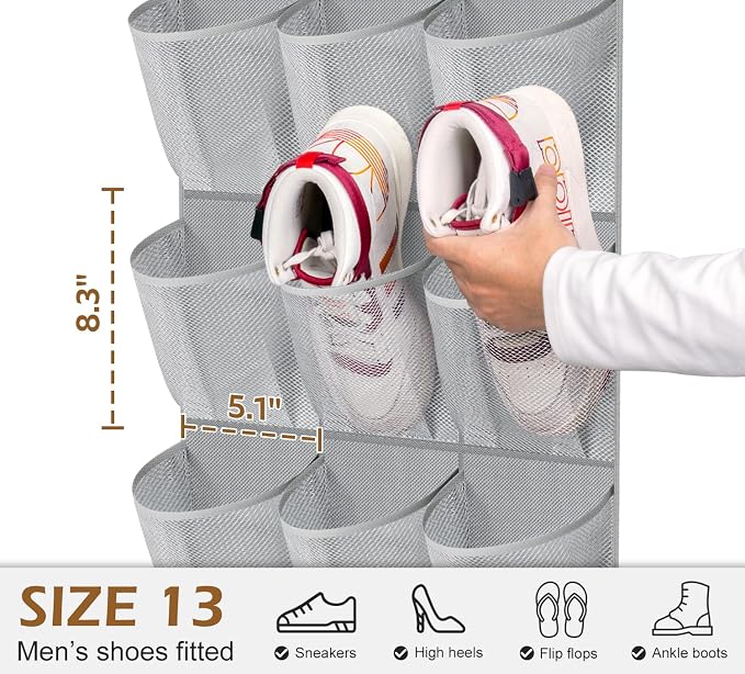 MISSLO 30 Large Pockets Dual Sided Hanging Shoe Organizer for Closet with Rotating Hanger Hanging Shoe Shelves, Grey - Image 3