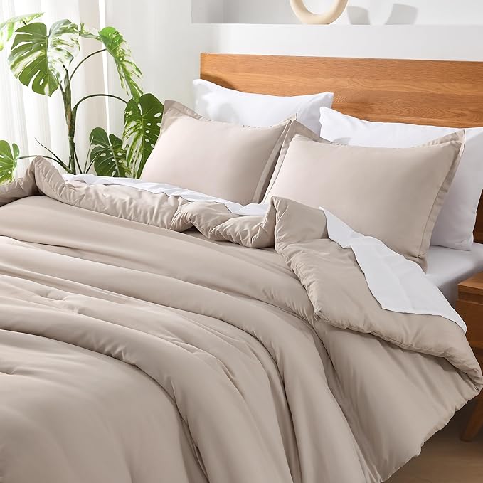 Andency Queen Comforter Set - 7 Pieces Bed in a Bag Queen Bedding Comforter Sets Oatmeal, Winter Solid Soft Lightweight Comforter with Fitted Sheets, Flat Sheets, Pillowcases & Shams