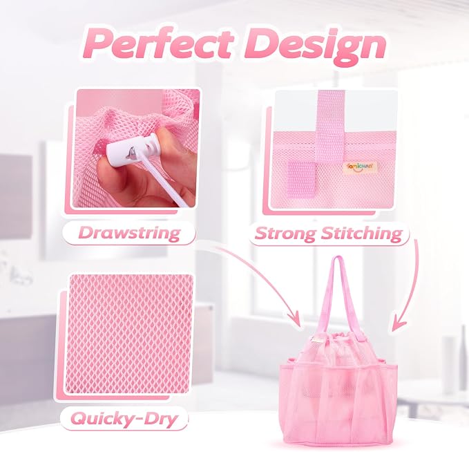 famichan Mesh Shower Caddy Portable with Drawstring, Dorm Room Essentials for College Students Girls, Large Shower Bag for Camping,Swimming,Gym,Travel,Bathroom - Pink - Image 2