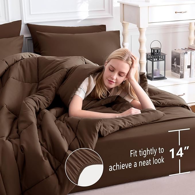 CozyLux King Size Comforter Set Brown, 7 Pieces Bed in a Bag, Brown Comforter King Size, All Season Bedding Sets with Stitch Quilted Comforter, Flat Sheet, Fitted Sheet, Pillowcases
