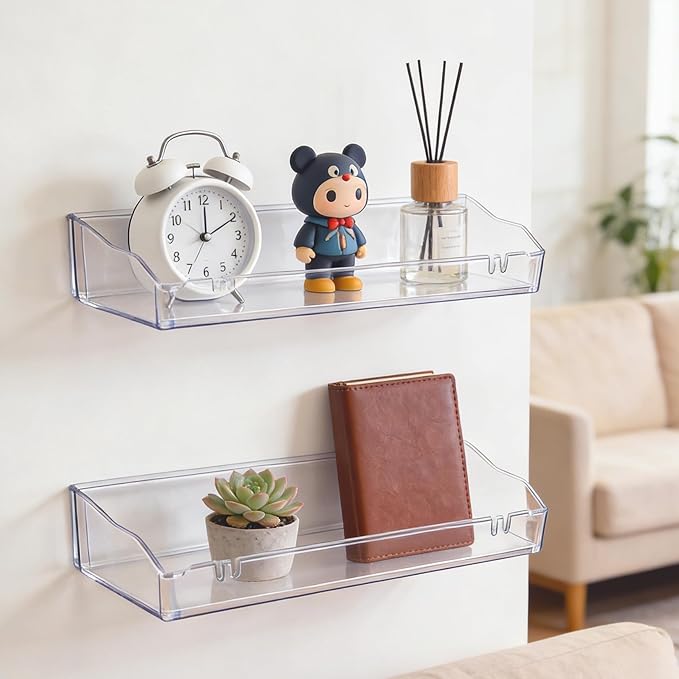 Clear Floating Shelves, Acrylic Shelves for Bathroom Organizers and Storage, Bathroom Shelf with Adhesive Shelf or Screws, Wall Mount Organizer for Shower Caddy,Room Decor, Kitchen, Living Room - Image 3