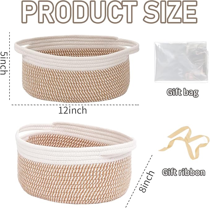 JMvicyroam Woven Basket,Small Rope Storage Bin with Handles & Ribbon Bag, Organizer for Shelves Closets,Gift Basket Empty for Birthday,Books,Dog Toys, White&Brown Block/3 Pack - Image 2