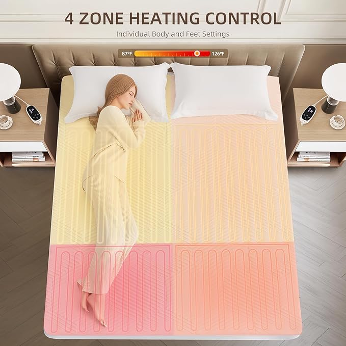 Multizone Waterproof Heated Mattress Pad, Individual Body & Feet Electric Mattress Bed Warmer 9 Heat Settings, 1-12 Hours Auto Off, Deep Pocket, Fast Heating, Machine Washable Queen, 60" x 80"