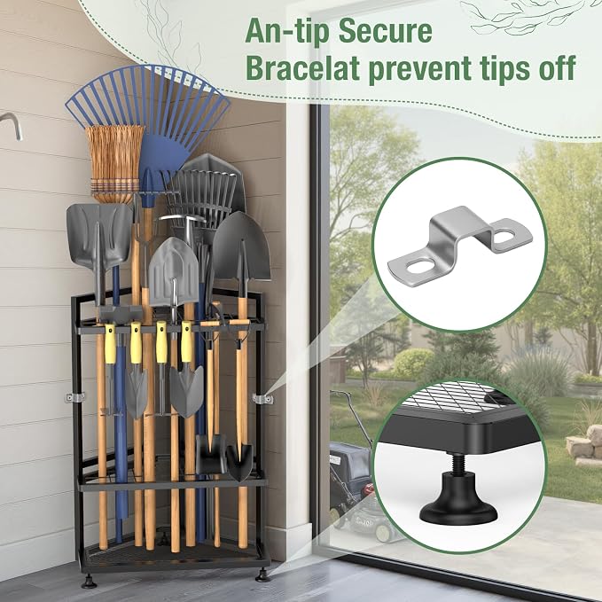 Garden Tool Organizer for Corner,Metal Yard Tool Organizer for Long-Handled Tools/Rakes/Brooms,Side Garden Pocket,Heavy Duty Steel Yard Tool Storage Rack for Garage,Shed, Outdoor - Image 5