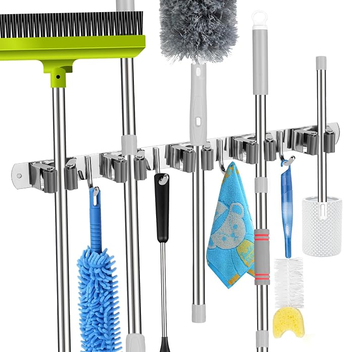 voze [2 Pack] 5 Racks and 4 Hooks Mop and Broom Holder Wall Mount, Self Adhesive Heavy Duty Broom Organizer Storage Tool Racks for Kitchen Garden Laundry Garage, 304 Stainless Steel, Silver - Image 2