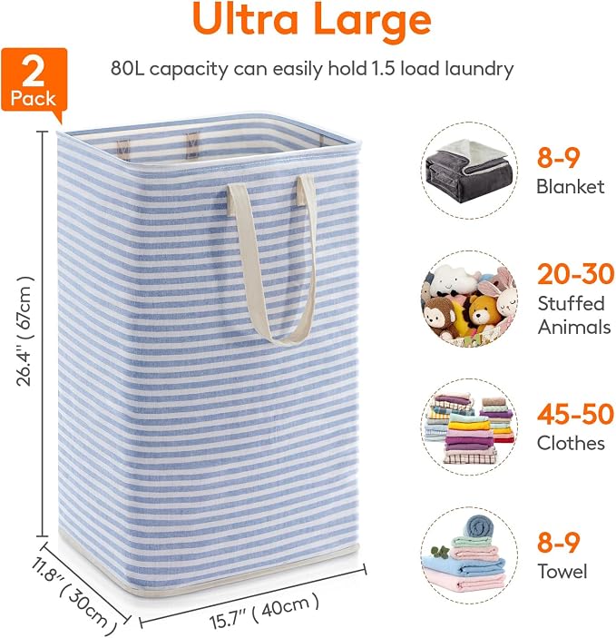 Lifewit 2 Pack Laundry Basket 80L Each, Collapsible Clothes Hamper with Reinforced Handles, Freestanding Waterproof Design for Bedroom and Laundry Room, Blue 160L Total - Image 4