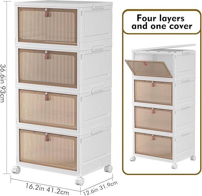 YFXCVSL 4 Tier Plastic Storage Bins with Lid 28QT - Stackable Storage Containers with Wheels, Folding Storage Boxes, Collapsible Storage Bins, Closet Organizers and Storage - Image 3