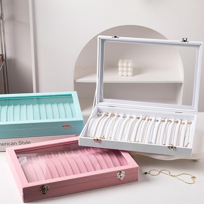 Frebeauty 15 Hooks Necklace Tray Velvet Neckalce Organizer with Clear Lid Lockable Necklace Holder Box Jewelry Organizer for Pendants Chains Necklace Jeweley Tray for Women Girls(Turquoise) - Image 7