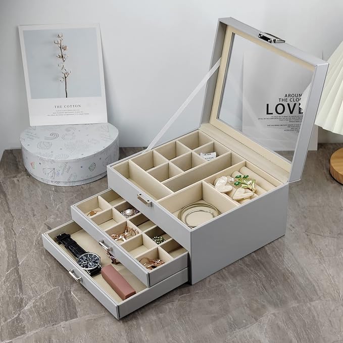 BOOVO Clear Lid Jewelry Box,3 Layers Jewelry Organizer Large Multi-Functional Jewelry Storage Box with 2 Drawers,Jewelry Display Case of Rings Earrings Necklace Bracelets for Women Girls (Grey) - Image 8