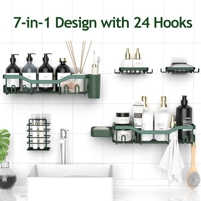 NESOMI Shower Caddy Adhesive Shower Organizer 7-Pack, Rustproof Stainless Steel Bathroom Shelves, Large Capacity No-Drill Rack Storage Accessories with Soap Dish Toothbrush Holder Hooks - Image 4
