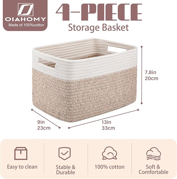 OIAHOMY 4 Pack Storage Baskets for Organizing, Basket for Shelves with Handle, Woven Baskets for Storage Toys, Towels, Books, Cotton Rope Basket 13" L x 9 " W x 7.8 " H, Brown & White - Image 2
