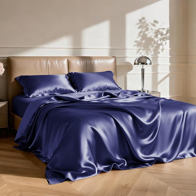 Love's cabin Twin Satin Sheet Sets - 3 Piece Navy Blue Silky Bed Sheets Twin with Deep Pockets, Luxury Silk Feel Satin Sheet Set Bedding Set (1 Flat Sheet,1 Fitted Sheet,1 Pillow case)