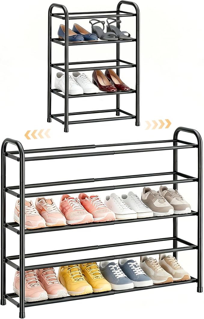 ENJOYBASICS 5 Tier Expandable Shoe Rack for Closet, Free Standing Metal Shoe Shelf Storage Organizer Holder 20 Pairs, Adjustable Width Shoe Rack for Entryway Small Space, Black by ENJOYBASICS