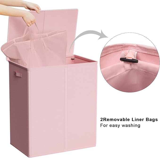 WOWLIVE 154L Double Laundry Hamper with Lid and Removable Laundry Bags, Large Dirty Clothes Hamper 2 section Collapsible Laundry Basket Dorm Room Storage for Bedroom, Bathroom, College,Pink - Image 4