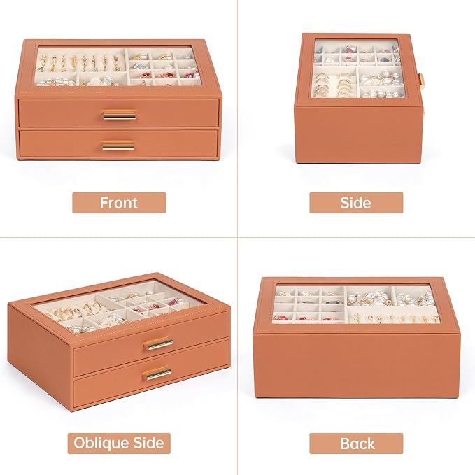 AKOZLIN Jewelry Box with Clear Lid Functional Leather Jewelry Storage Organizer Case 2 Drawers for Women Girls Necklace Ring Bracelet Earring - Image 6